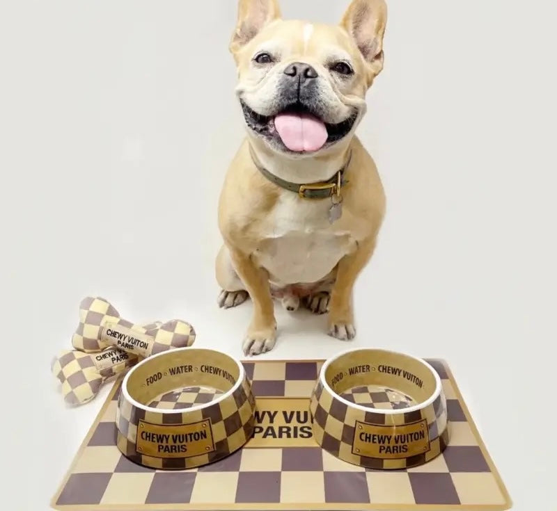 "Chewy Vuiton" Dog Bowls and Placemat - Original