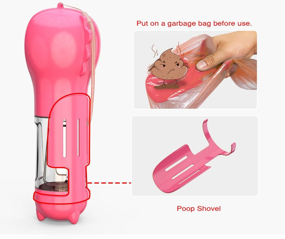 Multifunction Water Bottle and Food Dispenser w/ Poop Shovel