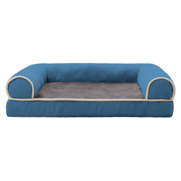 Square washable pet sofa bed in blue.