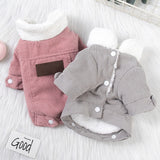Pink and gray corduroy fleece jackets for dogs.
